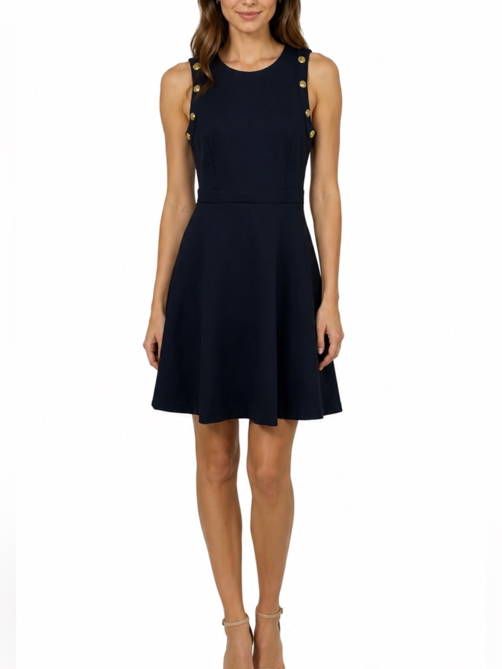 White House Black Market Black Sleeveless Mini Dress with Gold Buttons